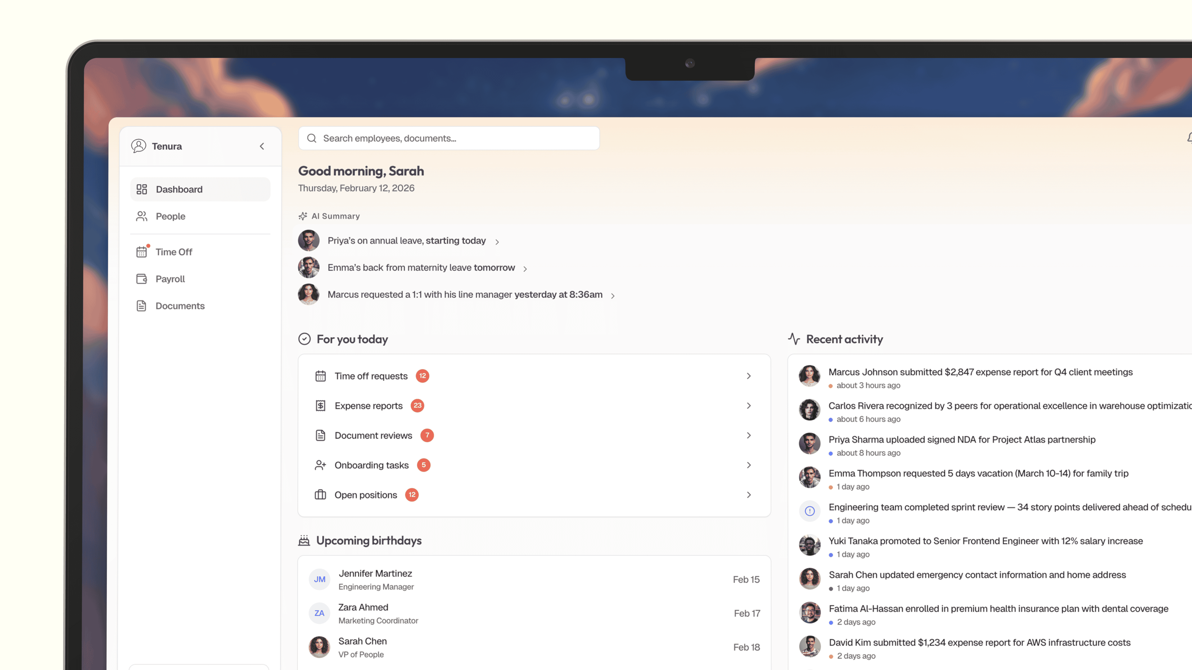 Tenura dashboard — light mode with expanded sidebar and activity feed