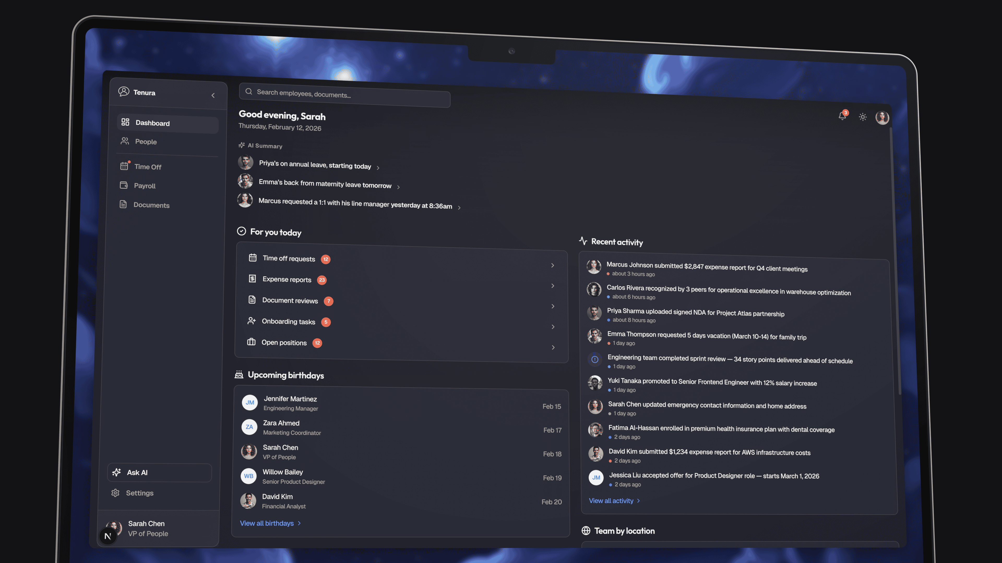 Tenura dashboard — dark mode with expanded sidebar and activity feed