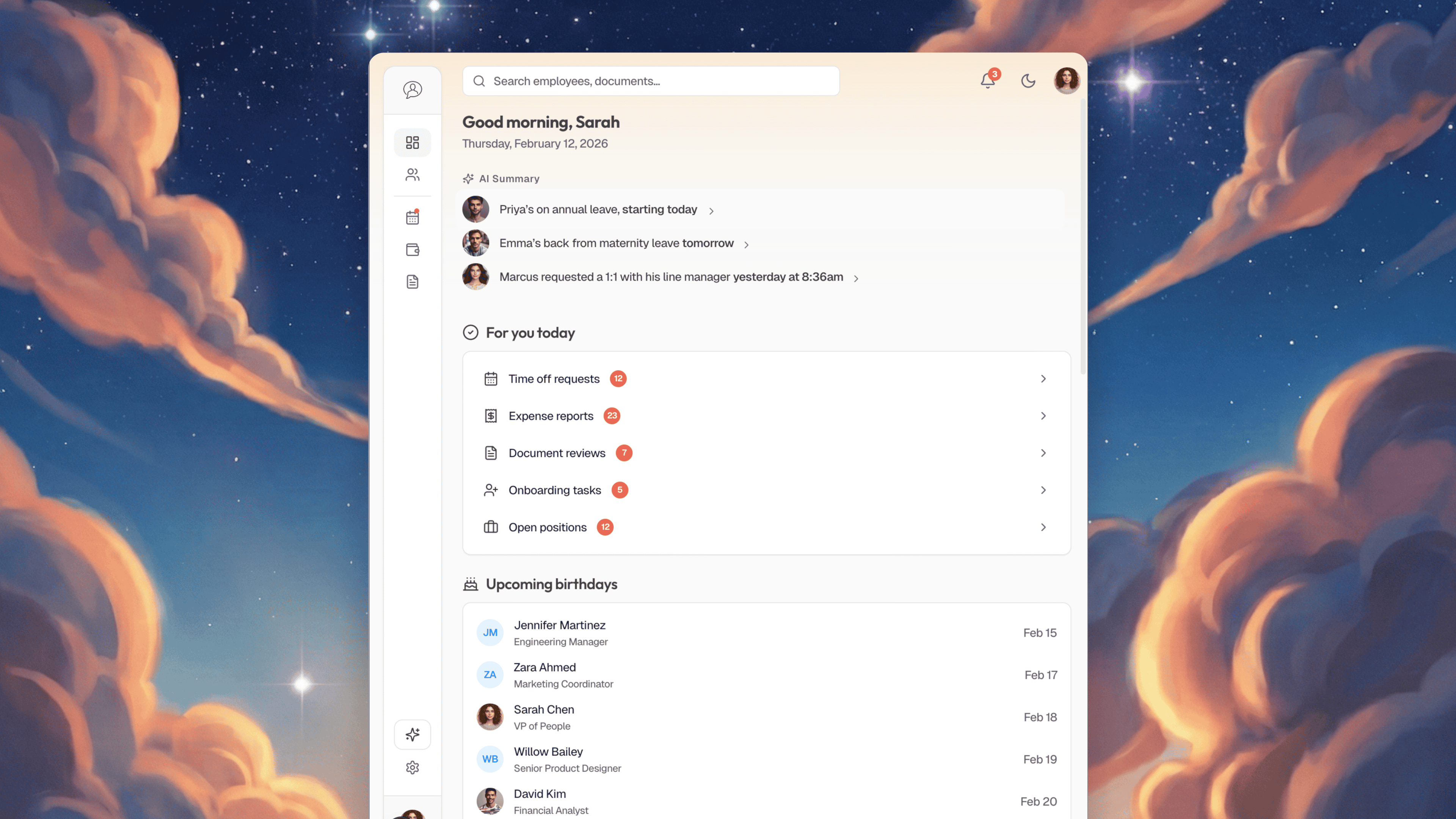 Tenura dashboard — light mode with collapsed sidebar
