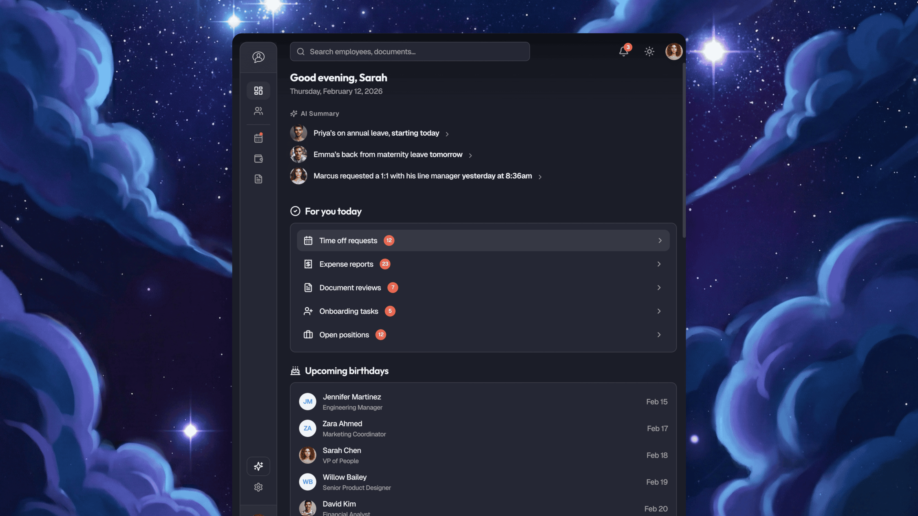 Tenura dashboard — dark mode with collapsed sidebar